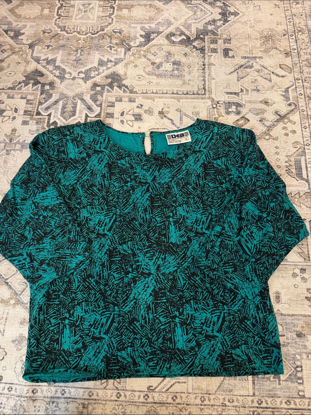 DEB Vintage Edge Large Teal Black Abstract Print Shoulder Pad Blouse 80s 90s